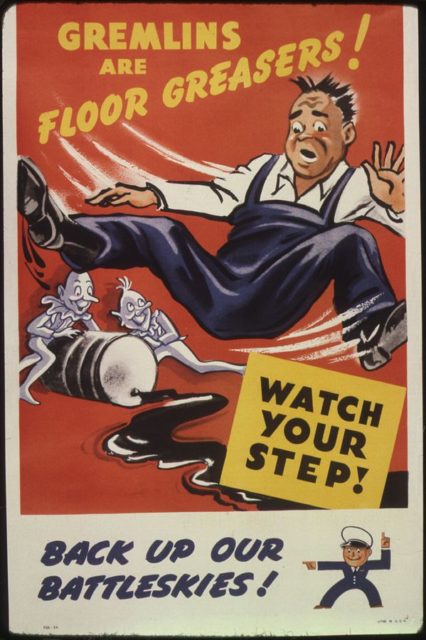 Un poster di sicurezza industriale a tema gremlin della seconda guerra mondiale